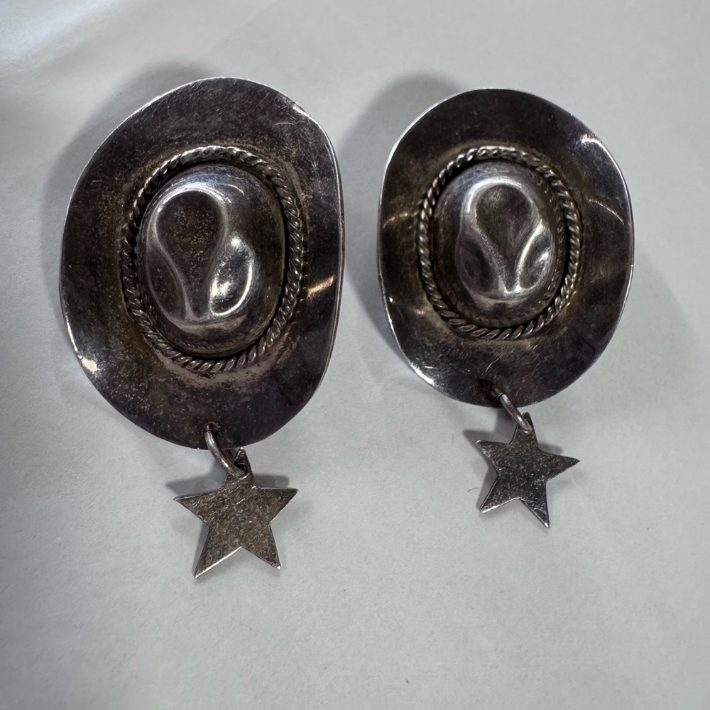 Sterling Silver Western Cowboy Hat Star Dangle Earrings